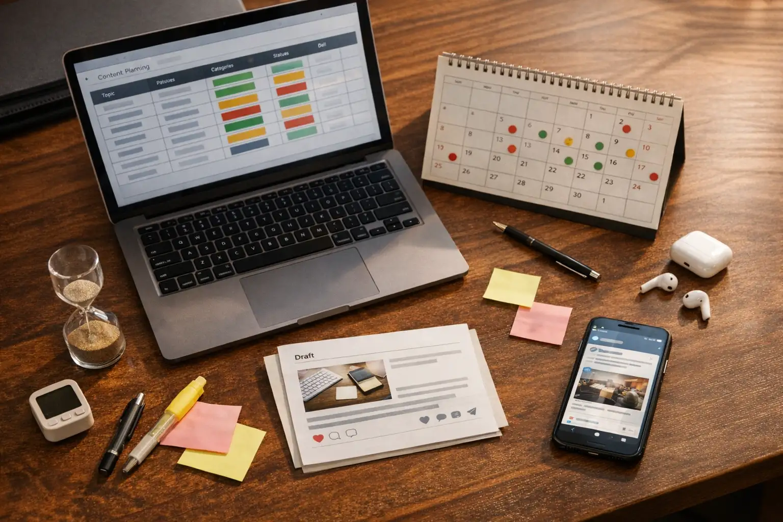 Таблица тем, календарь публикаций и смартфон с Telegram на рабочем столе