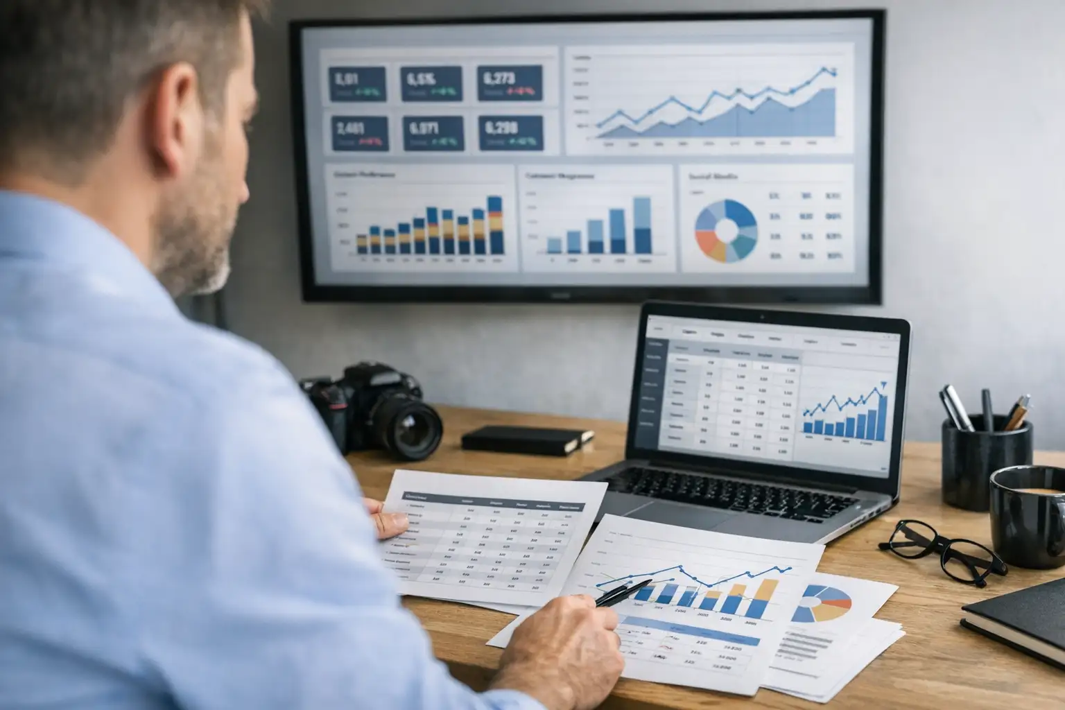 Маркетолог анализирует KPI и метрики эффективности контента на дашборде