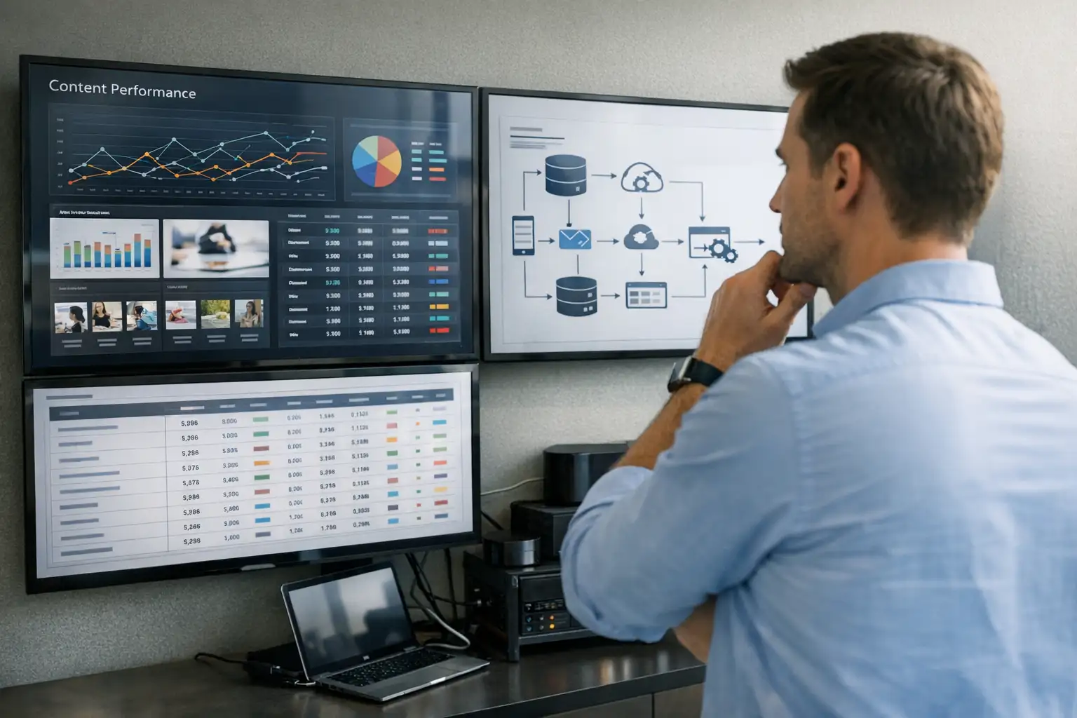 Маркетолог анализирует KPI контента и таблицу отчёта